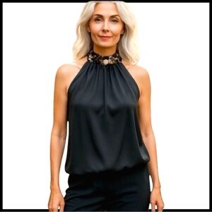 Vasarri Women’s Blouse w/ Unique ‘Stone’ Neckline. Black, Brown. Size 2